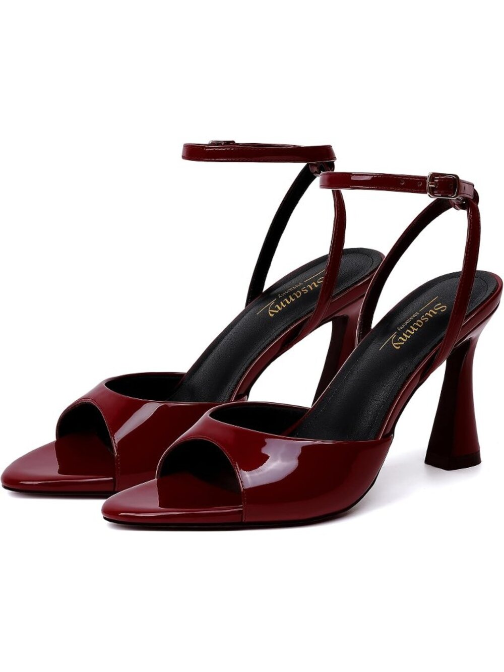 Women's Burgundy Pointed Open Toe Ankle Strap Chunky Block Sandals High Heels